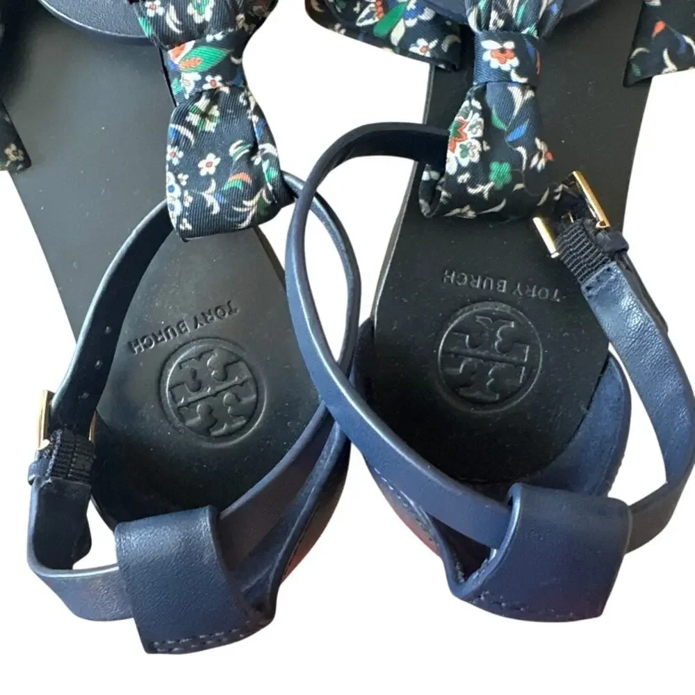 Tory Burch‎ Miller Scarf Sandals Navy Floral Ankle Strap 8